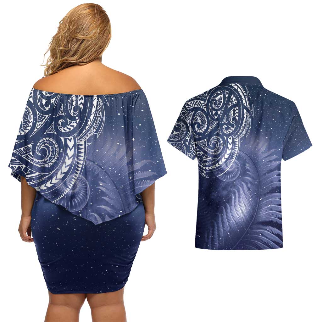 New Zealand Galaxy Fern Couples Matching Off Shoulder Short Dress and Hawaiian Shirt LT9 - Polynesian Pride