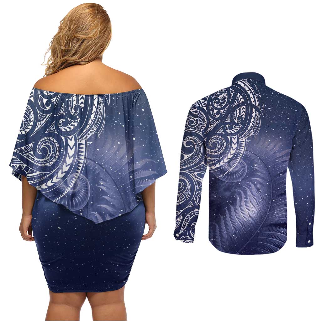 New Zealand Galaxy Fern Couples Matching Off Shoulder Short Dress and Long Sleeve Button Shirt LT9 - Polynesian Pride