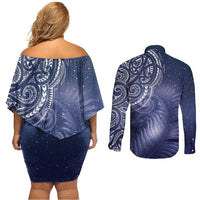 New Zealand Galaxy Fern Couples Matching Off Shoulder Short Dress and Long Sleeve Button Shirt LT9 - Polynesian Pride