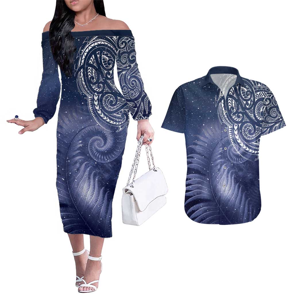 New Zealand Galaxy Fern Couples Matching Off The Shoulder Long Sleeve Dress and Hawaiian Shirt LT9 Galaxy - Polynesian Pride