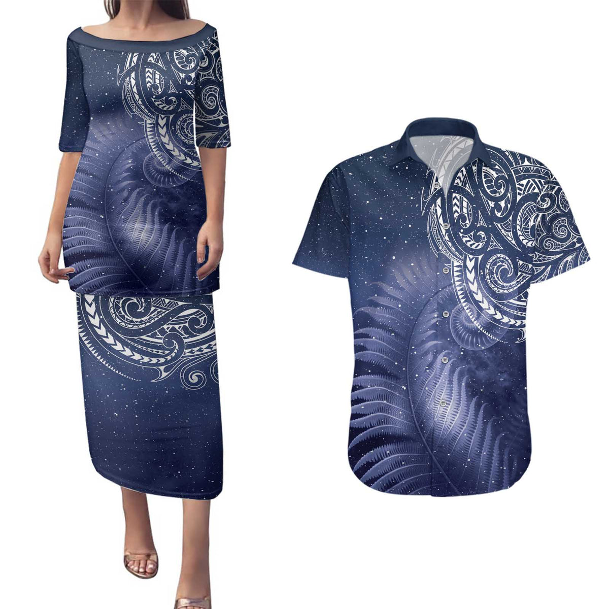 New Zealand Galaxy Fern Couples Matching Puletasi and Hawaiian Shirt LT9 Galaxy - Polynesian Pride
