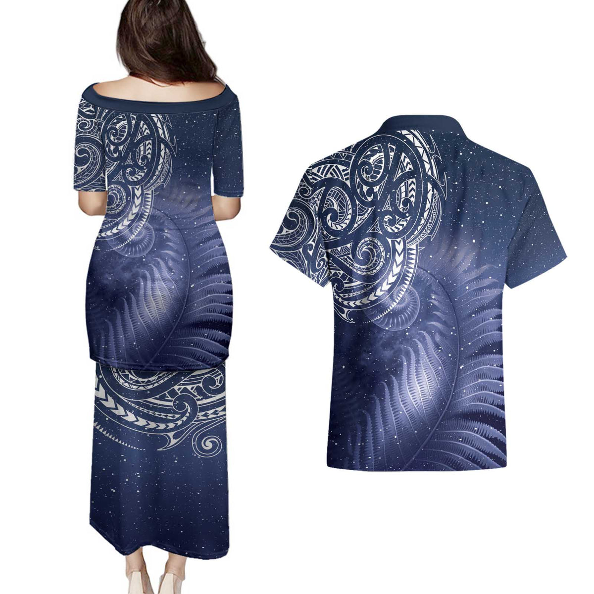 New Zealand Galaxy Fern Couples Matching Puletasi and Hawaiian Shirt LT9 - Polynesian Pride