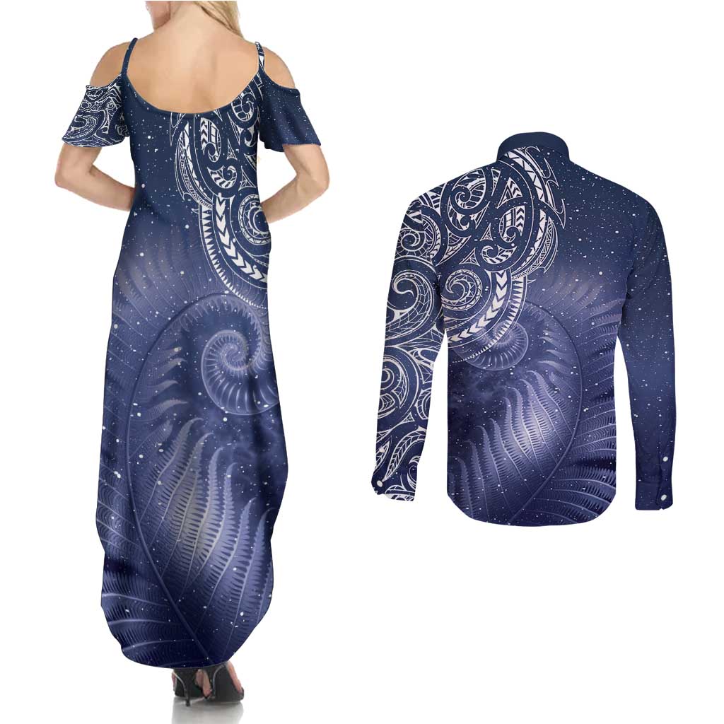 New Zealand Galaxy Fern Couples Matching Summer Maxi Dress and Long Sleeve Button Shirt LT9 - Polynesian Pride