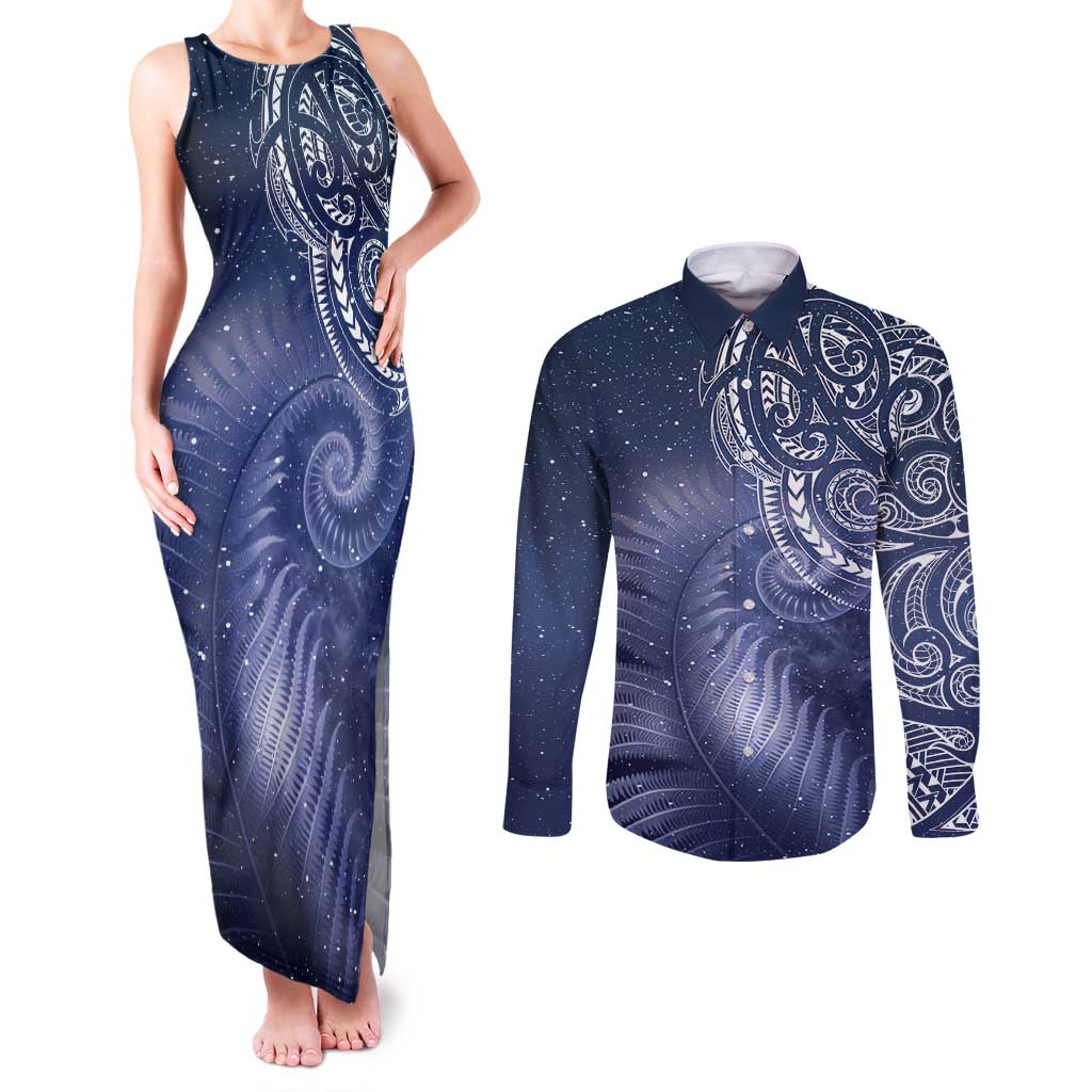 New Zealand Galaxy Fern Couples Matching Tank Maxi Dress and Long Sleeve Button Shirt LT9 Galaxy - Polynesian Pride