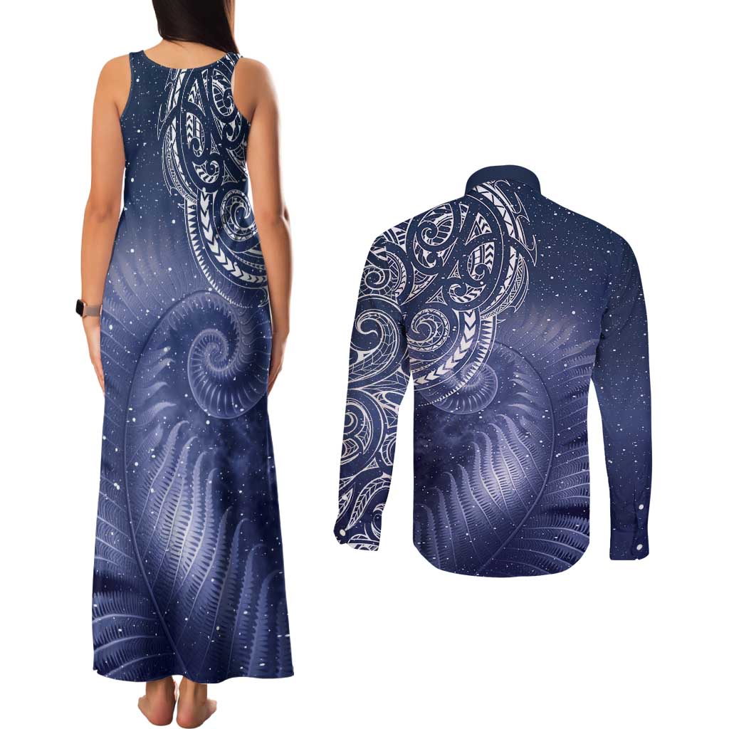 New Zealand Galaxy Fern Couples Matching Tank Maxi Dress and Long Sleeve Button Shirt LT9 - Polynesian Pride