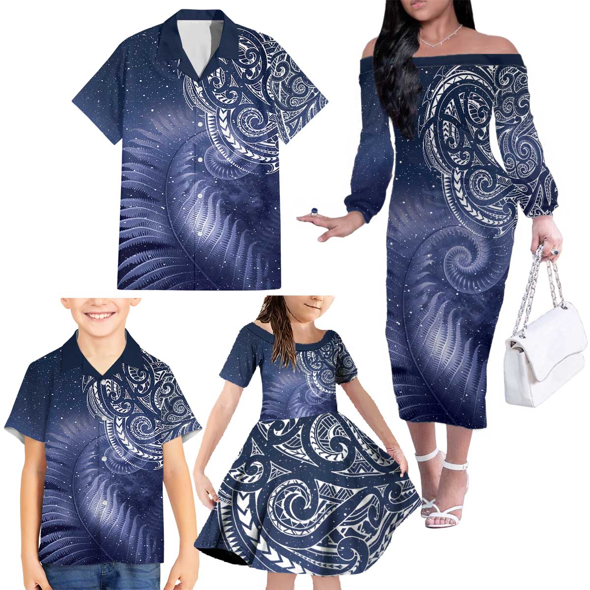 New Zealand Galaxy Fern Family Matching Off The Shoulder Long Sleeve Dress and Hawaiian Shirt LT9 - Polynesian Pride