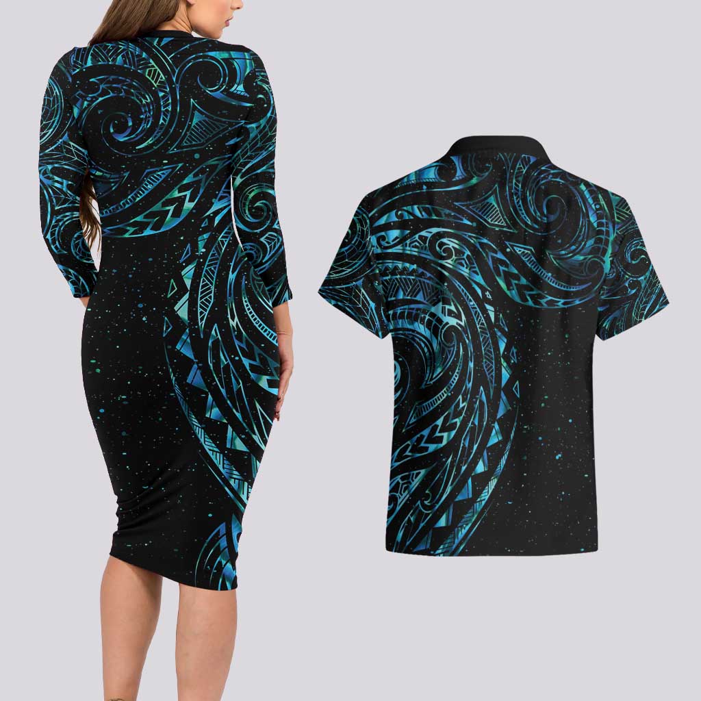 New Zealand Tribal Tattoo Couples Matching Long Sleeve Bodycon Dress and Hawaiian Shirt With Matariki Art LT9 - Polynesian Pride