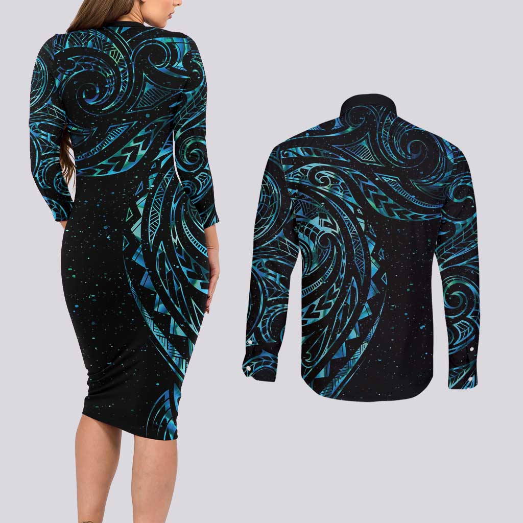 New Zealand Tribal Tattoo Couples Matching Long Sleeve Bodycon Dress and Long Sleeve Button Shirt With Matariki Art LT9 - Polynesian Pride