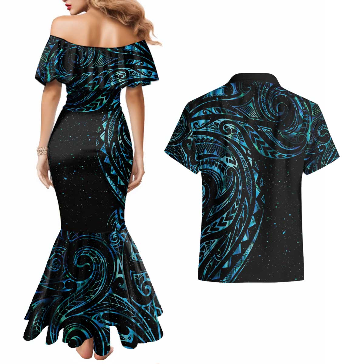 New Zealand Tribal Tattoo Couples Matching Mermaid Dress and Hawaiian Shirt With Matariki Art LT9 - Polynesian Pride
