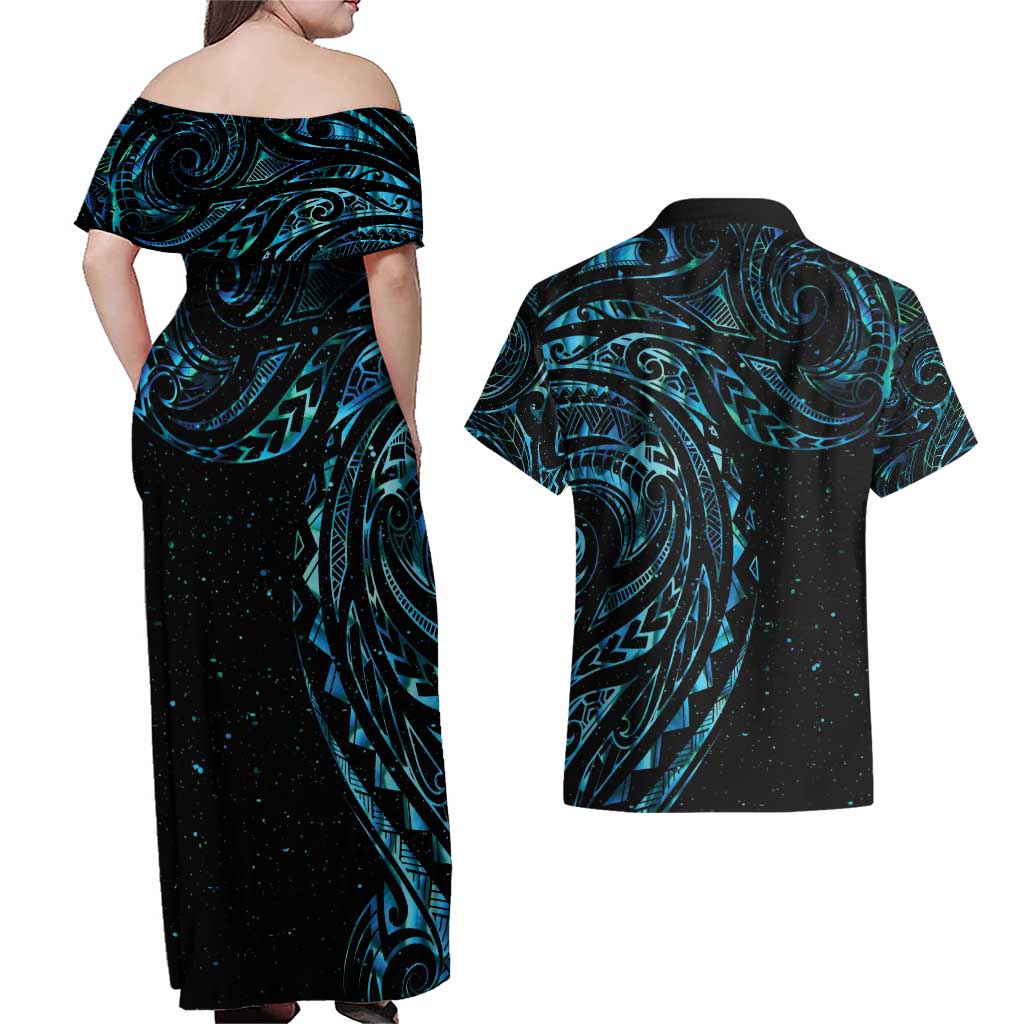New Zealand Tribal Tattoo Couples Matching Off Shoulder Maxi Dress and Hawaiian Shirt With Matariki Art LT9 - Polynesian Pride