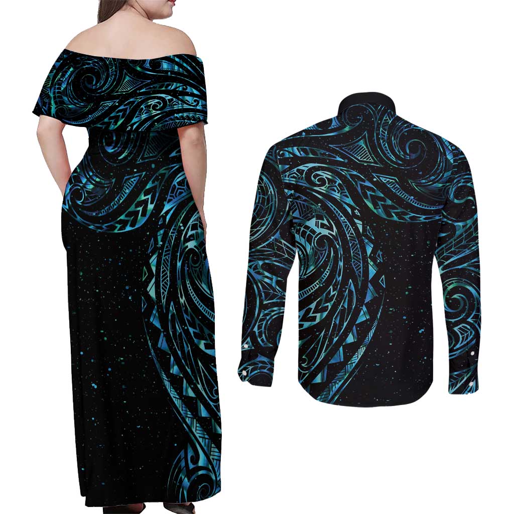 New Zealand Tribal Tattoo Couples Matching Off Shoulder Maxi Dress and Long Sleeve Button Shirt With Matariki Art LT9 - Polynesian Pride