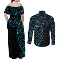 New Zealand Tribal Tattoo Couples Matching Off Shoulder Maxi Dress and Long Sleeve Button Shirt With Matariki Art LT9 - Polynesian Pride