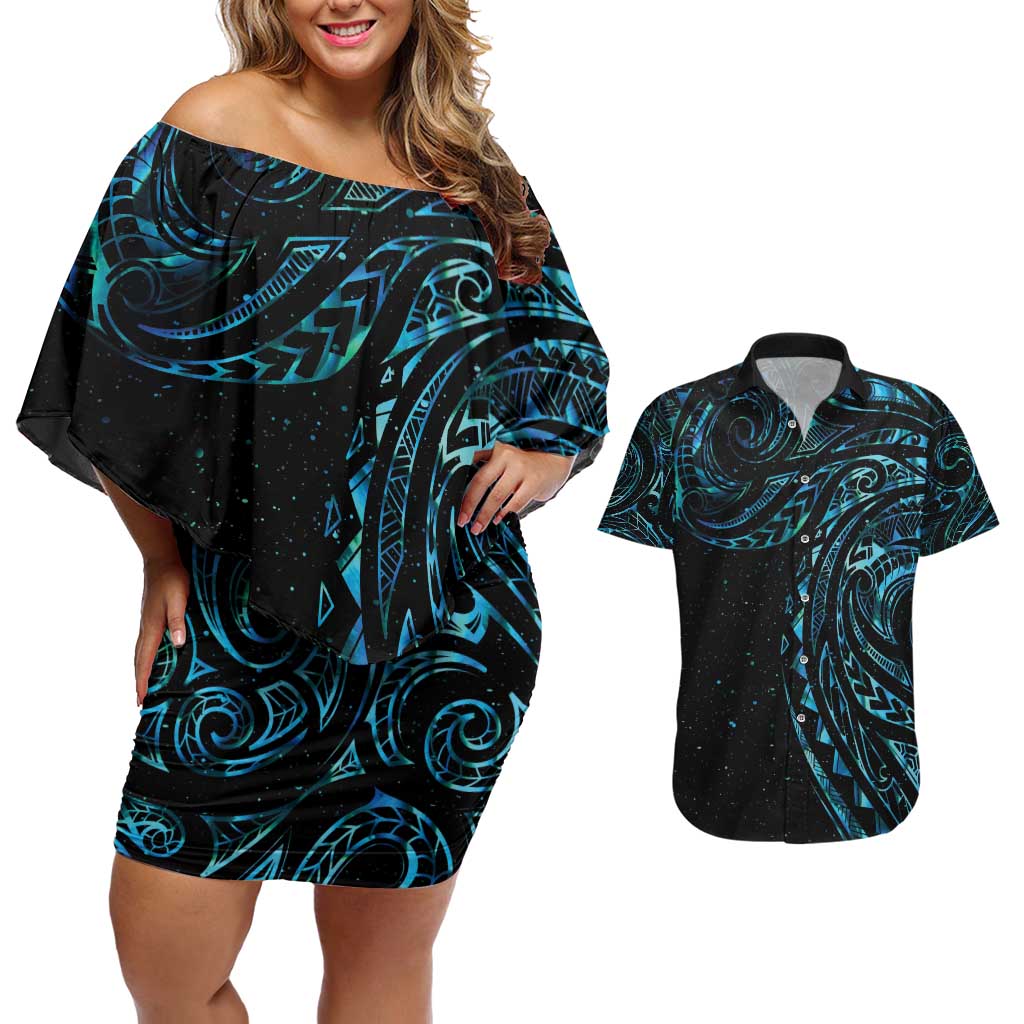 New Zealand Tribal Tattoo Couples Matching Off Shoulder Short Dress and Hawaiian Shirt With Matariki Art LT9 Galaxy - Polynesian Pride