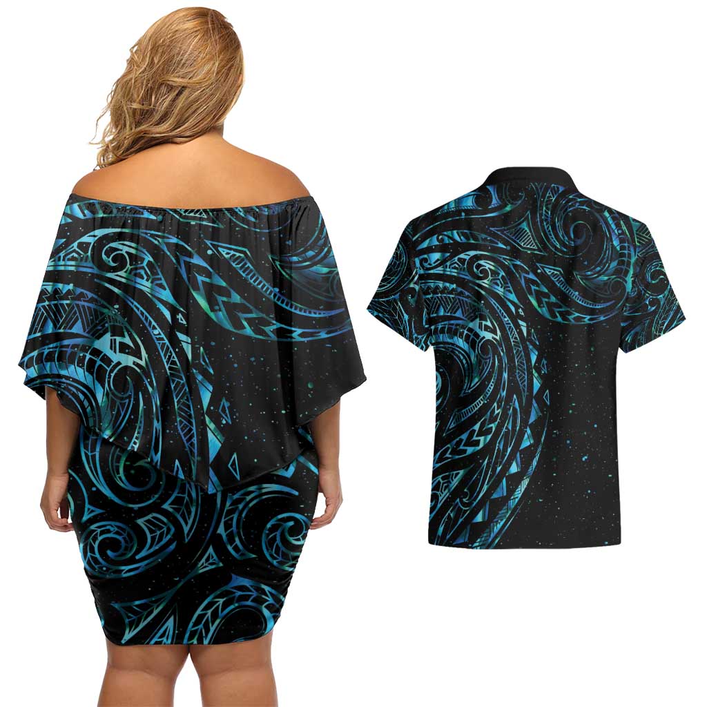New Zealand Tribal Tattoo Couples Matching Off Shoulder Short Dress and Hawaiian Shirt With Matariki Art LT9 - Polynesian Pride