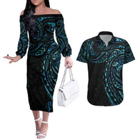 New Zealand Tribal Tattoo Couples Matching Off The Shoulder Long Sleeve Dress and Hawaiian Shirt With Matariki Art LT9 Galaxy - Polynesian Pride