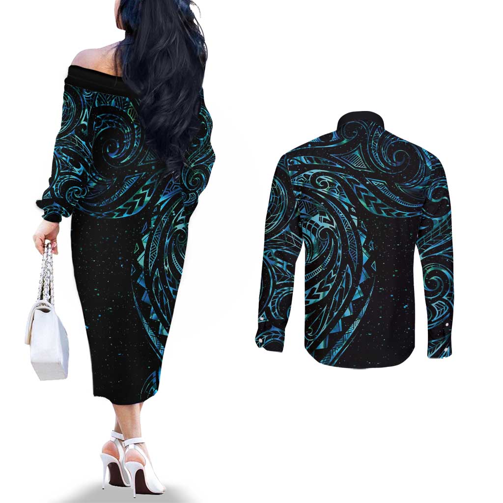 New Zealand Tribal Tattoo Couples Matching Off The Shoulder Long Sleeve Dress and Long Sleeve Button Shirt With Matariki Art LT9 - Polynesian Pride