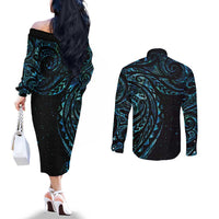New Zealand Tribal Tattoo Couples Matching Off The Shoulder Long Sleeve Dress and Long Sleeve Button Shirt With Matariki Art LT9 - Polynesian Pride