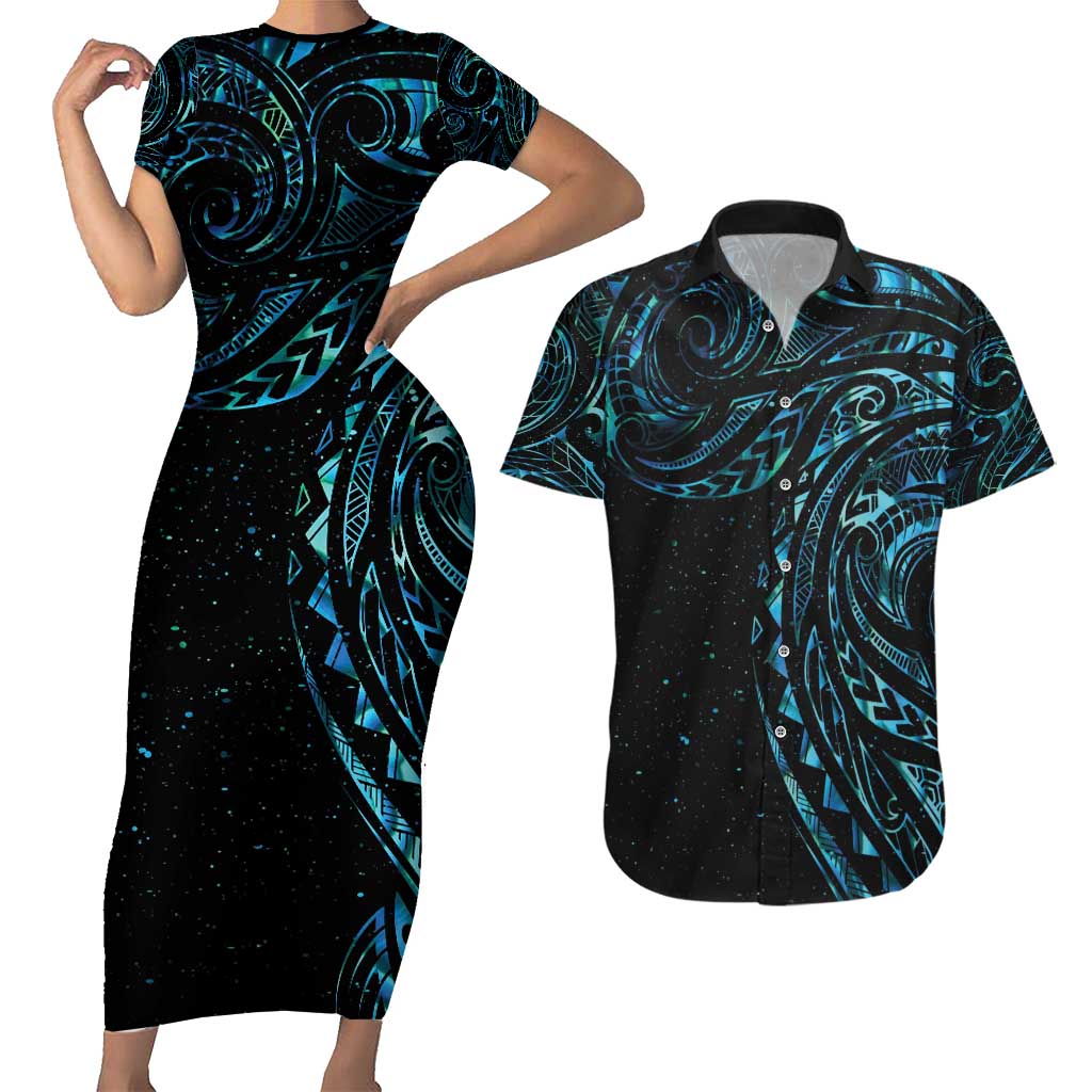 New Zealand Tribal Tattoo Couples Matching Short Sleeve Bodycon Dress and Hawaiian Shirt With Matariki Art LT9 Galaxy - Polynesian Pride