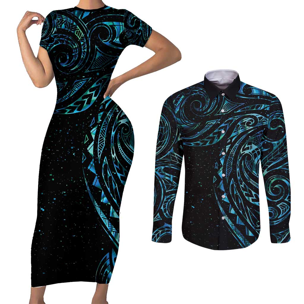 New Zealand Tribal Tattoo Couples Matching Short Sleeve Bodycon Dress and Long Sleeve Button Shirt With Matariki Art LT9 Galaxy - Polynesian Pride