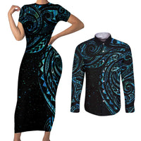 New Zealand Tribal Tattoo Couples Matching Short Sleeve Bodycon Dress and Long Sleeve Button Shirt With Matariki Art LT9 Galaxy - Polynesian Pride