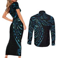 New Zealand Tribal Tattoo Couples Matching Short Sleeve Bodycon Dress and Long Sleeve Button Shirt With Matariki Art LT9 - Polynesian Pride