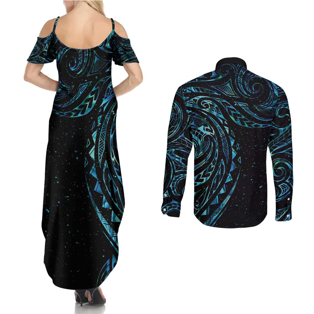 New Zealand Tribal Tattoo Couples Matching Summer Maxi Dress and Long Sleeve Button Shirt With Matariki Art LT9 - Polynesian Pride