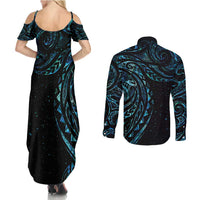 New Zealand Tribal Tattoo Couples Matching Summer Maxi Dress and Long Sleeve Button Shirt With Matariki Art LT9 - Polynesian Pride