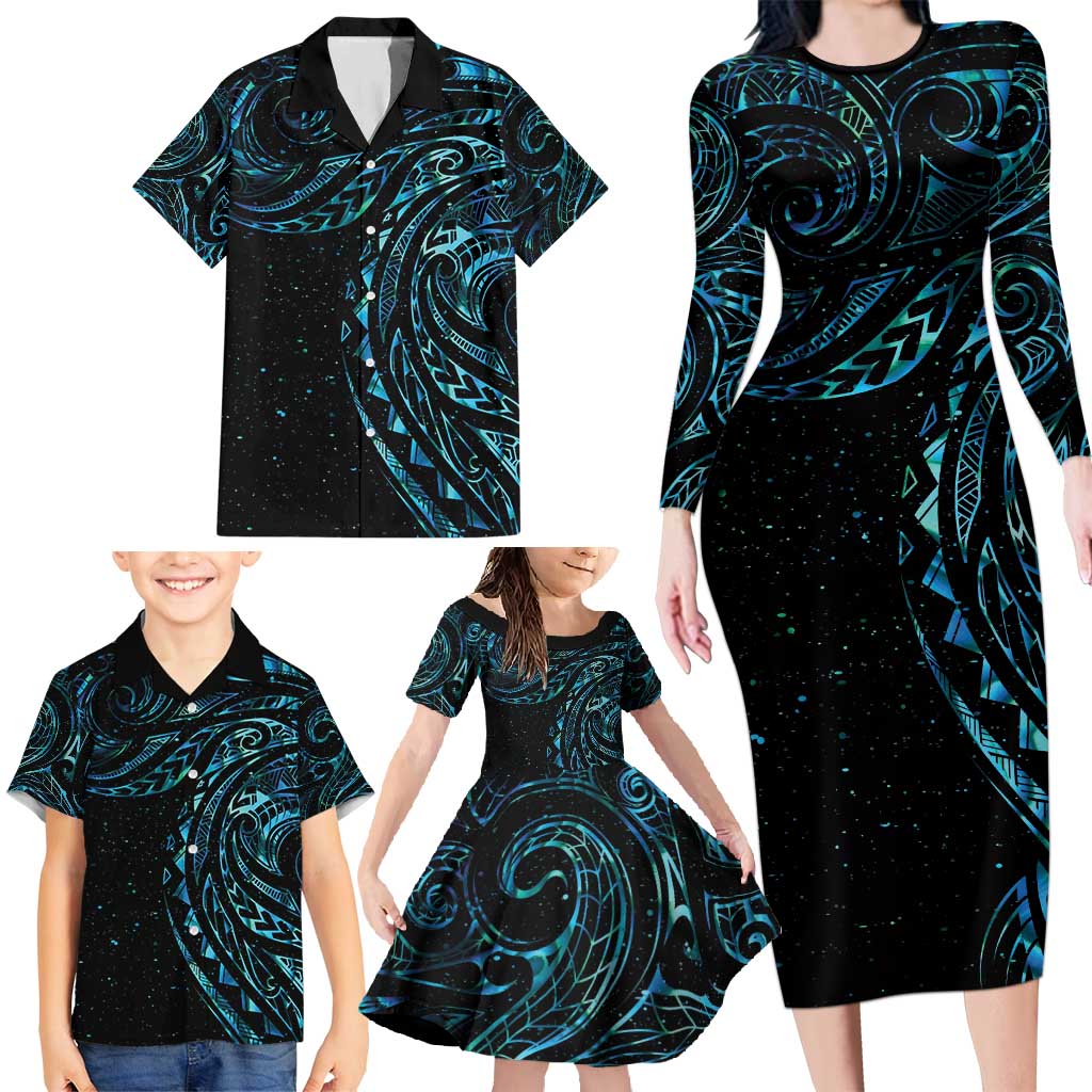 New Zealand Tribal Tattoo Family Matching Long Sleeve Bodycon Dress and Hawaiian Shirt With Matariki Art LT9 - Polynesian Pride