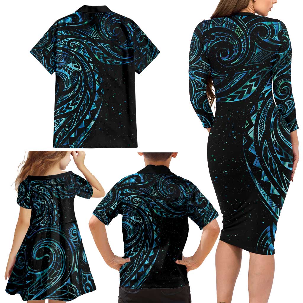 New Zealand Tribal Tattoo Family Matching Long Sleeve Bodycon Dress and Hawaiian Shirt With Matariki Art LT9 - Polynesian Pride