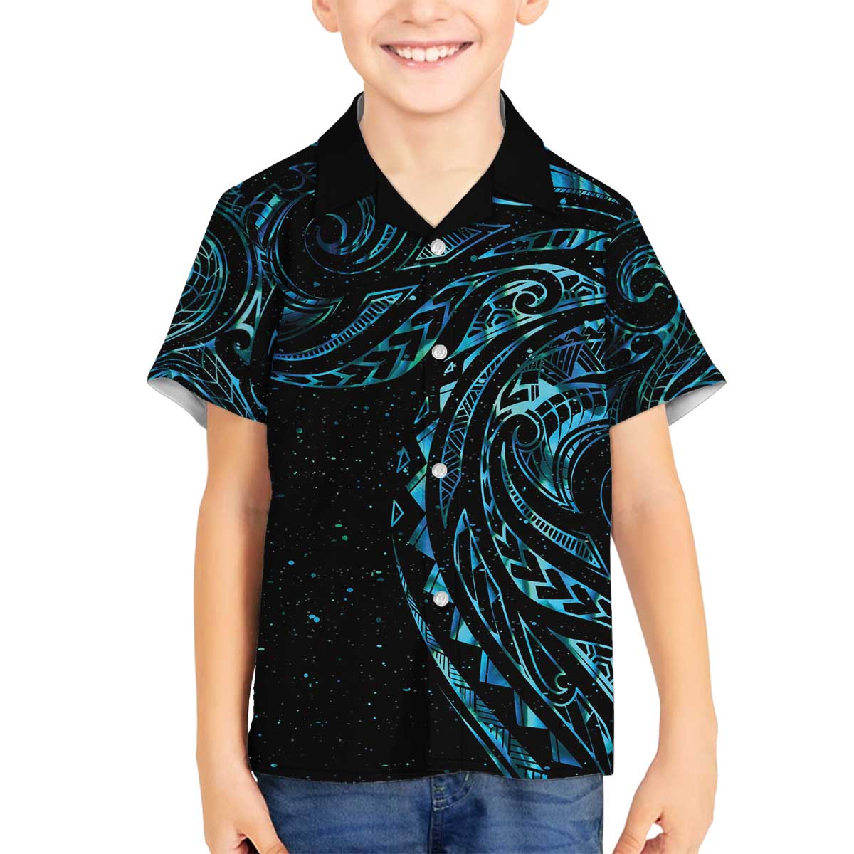 New Zealand Tribal Tattoo Family Matching Off The Shoulder Long Sleeve Dress and Hawaiian Shirt With Matariki Art LT9 Son's Shirt Galaxy - Polynesian Pride