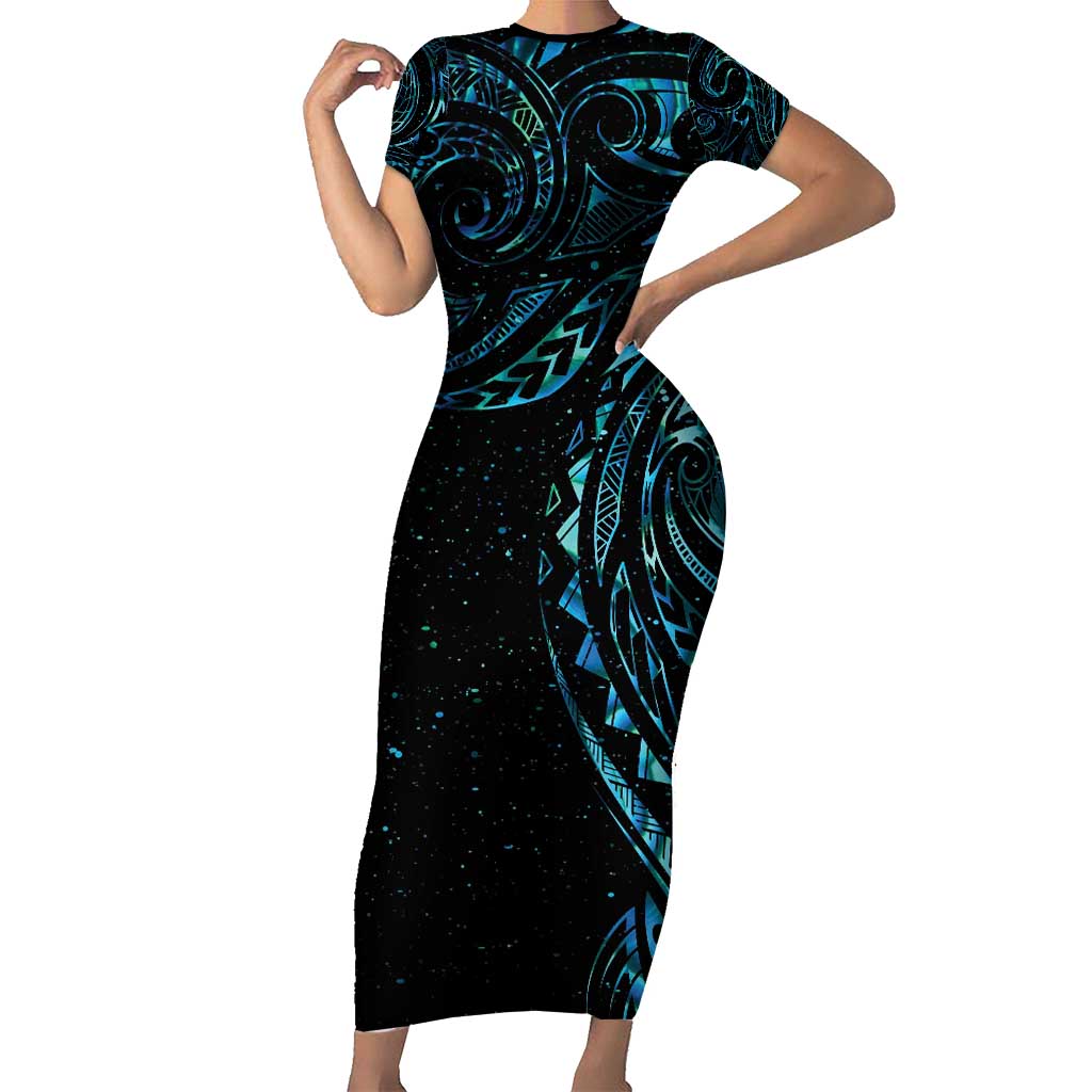 New Zealand Tribal Tattoo Short Sleeve Bodycon Dress With Matariki Art LT9 Long Dress Galaxy - Polynesian Pride