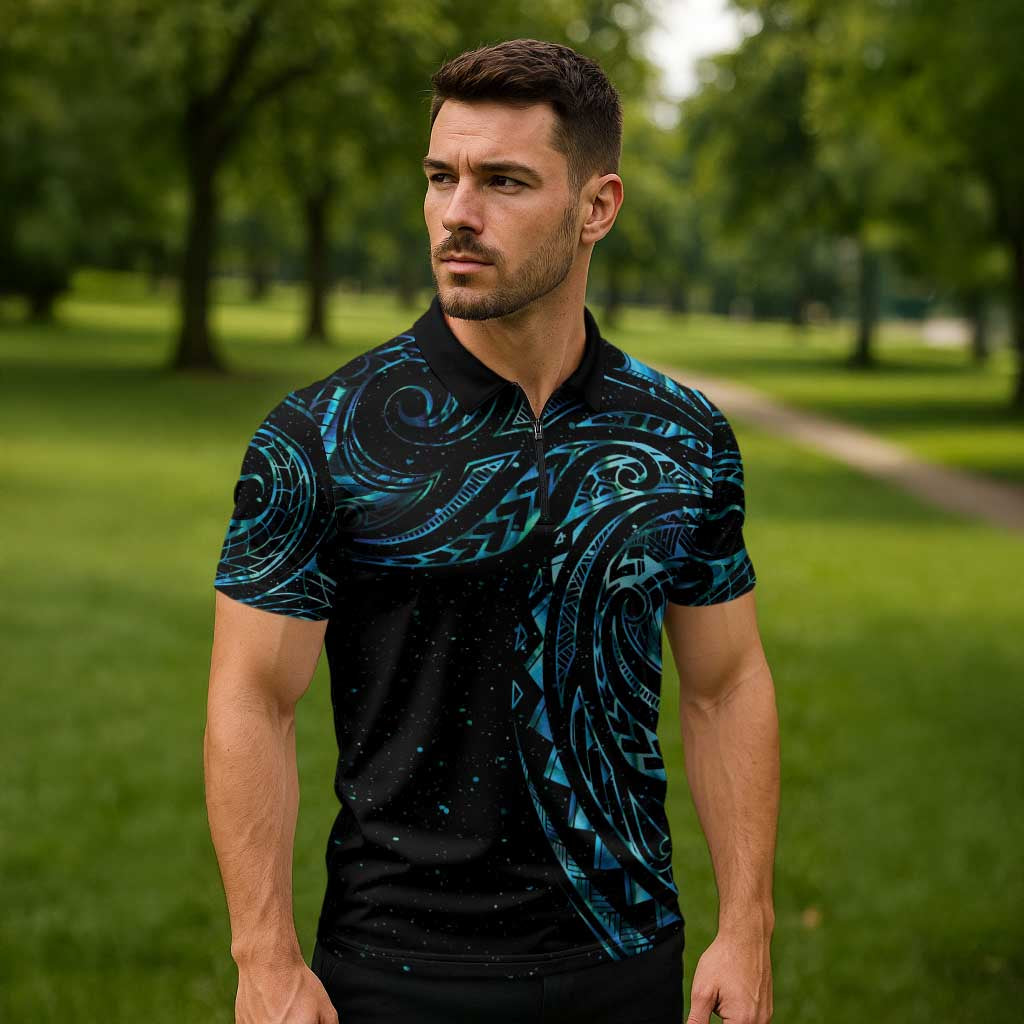 New Zealand Matariki Zipper Polo Shirt Galaxy Maori Tribal Tattoo LT9 - Polynesian Pride