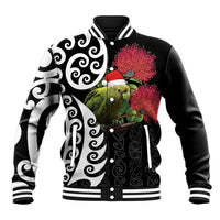New Zealand Kakapo Christmas Baseball Jacket Meri Kirihimete Pohutukawa Flowers LT9 Unisex Black - Polynesian Pride