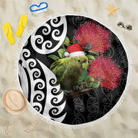 New Zealand Kakapo Christmas Beach Blanket Meri Kirihimete Pohutukawa Flowers LT9 One Size 150cm Black - Polynesian Pride