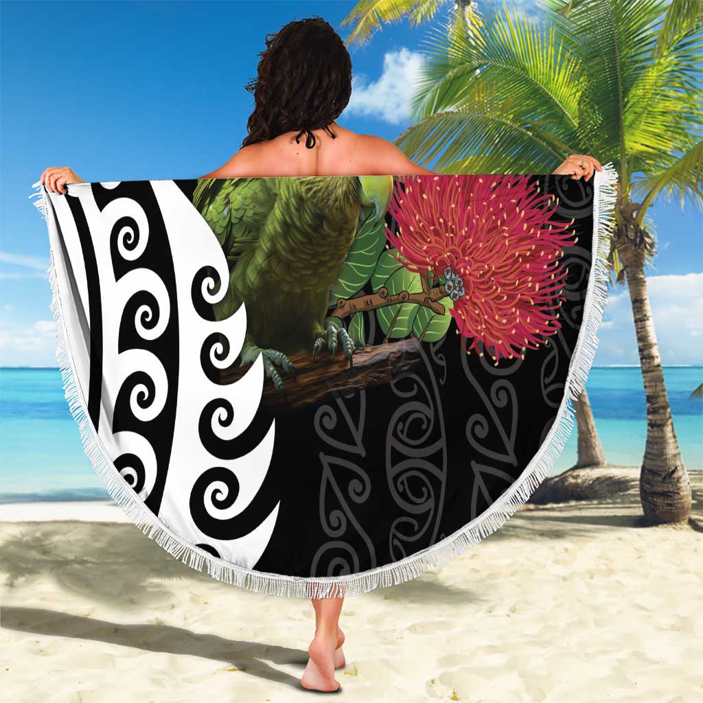 New Zealand Kakapo Christmas Beach Blanket Meri Kirihimete Pohutukawa Flowers LT9 - Polynesian Pride