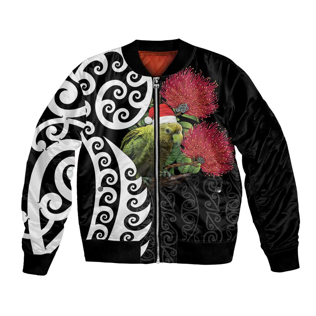New Zealand Kakapo Christmas Bomber Jacket Meri Kirihimete Pohutukawa Flowers LT9 Unisex Black - Polynesian Pride