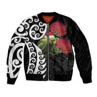 New Zealand Kakapo Christmas Bomber Jacket Meri Kirihimete Pohutukawa Flowers LT9 Unisex Black - Polynesian Pride