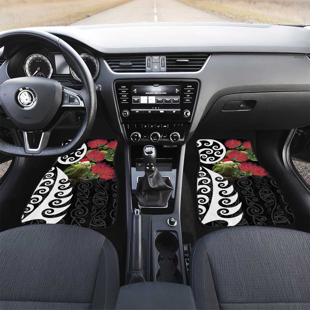 New Zealand Kakapo Christmas Car Mats Meri Kirihimete Pohutukawa Flowers LT9 Set 2pcs - Front Black - Polynesian Pride