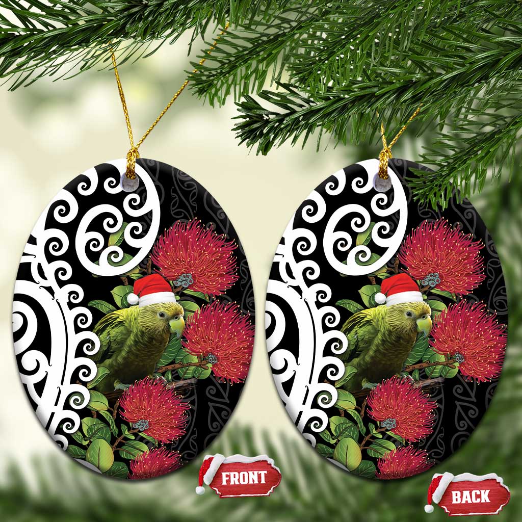 New Zealand Kakapo Christmas Ceramic Ornament Meri Kirihimete Pohutukawa Flowers LT9 Oval Black - Polynesian Pride