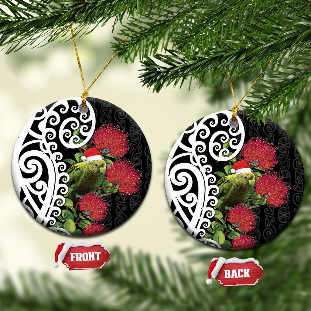 New Zealand Kakapo Christmas Ceramic Ornament Meri Kirihimete Pohutukawa Flowers LT9 Circle Black - Polynesian Pride