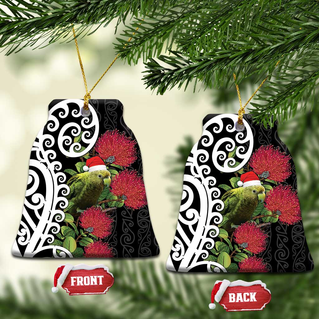 New Zealand Kakapo Christmas Ceramic Ornament Meri Kirihimete Pohutukawa Flowers LT9 Bell Flake Black - Polynesian Pride