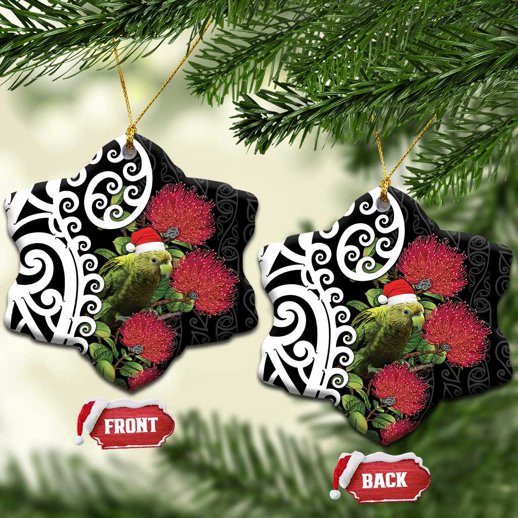 New Zealand Kakapo Christmas Ceramic Ornament Meri Kirihimete Pohutukawa Flowers LT9 Snow Flake Black - Polynesian Pride