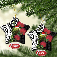 New Zealand Kakapo Christmas Ceramic Ornament Meri Kirihimete Pohutukawa Flowers LT9 Star Black - Polynesian Pride