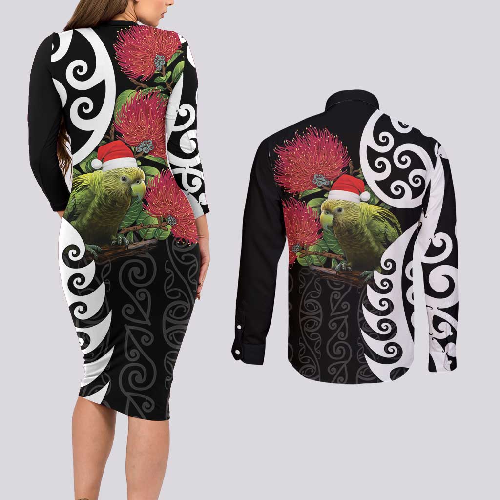 New Zealand Kakapo Christmas Couples Matching Long Sleeve Bodycon Dress and Long Sleeve Button Shirt Meri Kirihimete Pohutukawa Flowers LT9 - Polynesian Pride