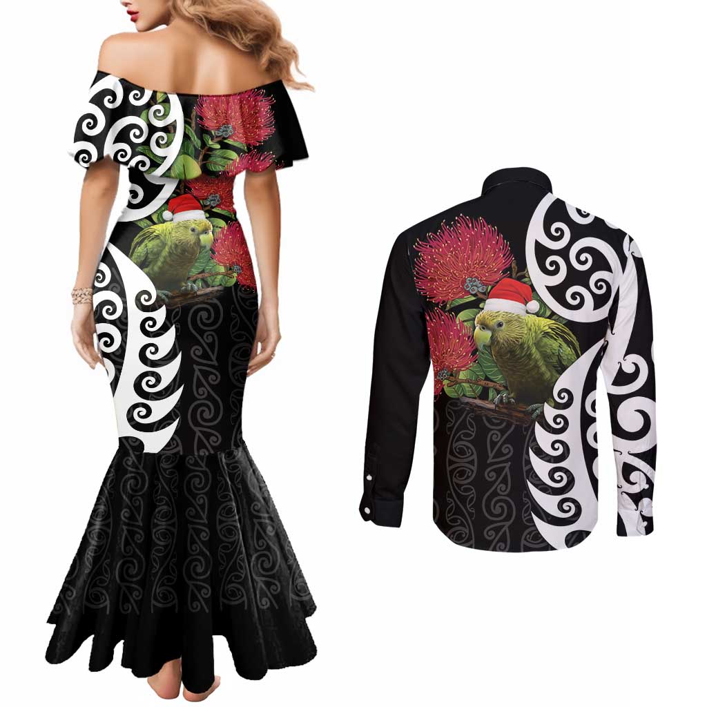 New Zealand Kakapo Christmas Couples Matching Mermaid Dress and Long Sleeve Button Shirt Meri Kirihimete Pohutukawa Flowers LT9 - Polynesian Pride
