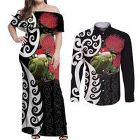 New Zealand Kakapo Christmas Couples Matching Off Shoulder Maxi Dress and Long Sleeve Button Shirt Meri Kirihimete Pohutukawa Flowers LT9 Black - Polynesian Pride