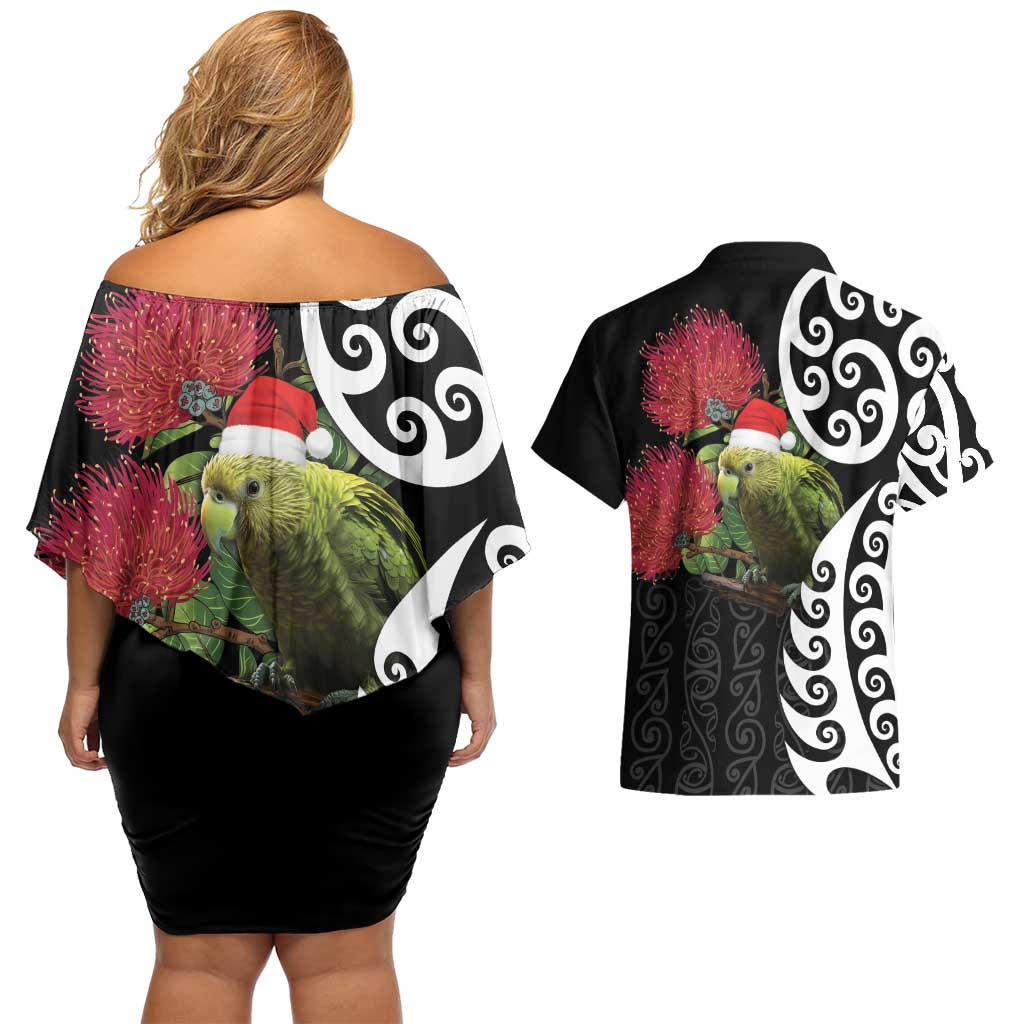 New Zealand Kakapo Christmas Couples Matching Off Shoulder Short Dress and Hawaiian Shirt Meri Kirihimete Pohutukawa Flowers LT9 - Polynesian Pride
