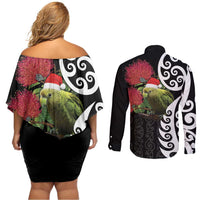 New Zealand Kakapo Christmas Couples Matching Off Shoulder Short Dress and Long Sleeve Button Shirt Meri Kirihimete Pohutukawa Flowers LT9 - Polynesian Pride