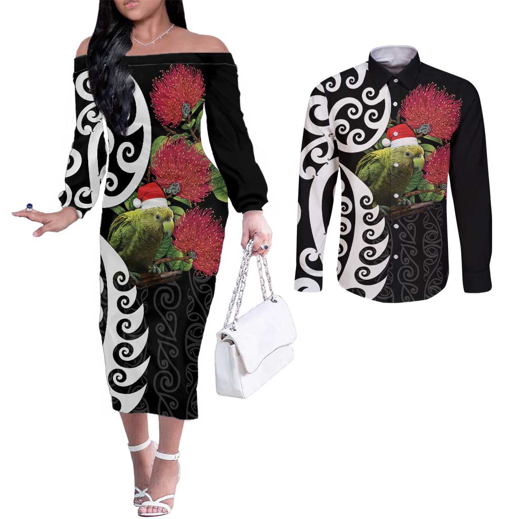 New Zealand Kakapo Christmas Couples Matching Off The Shoulder Long Sleeve Dress and Long Sleeve Button Shirt Meri Kirihimete Pohutukawa Flowers LT9 Black - Polynesian Pride