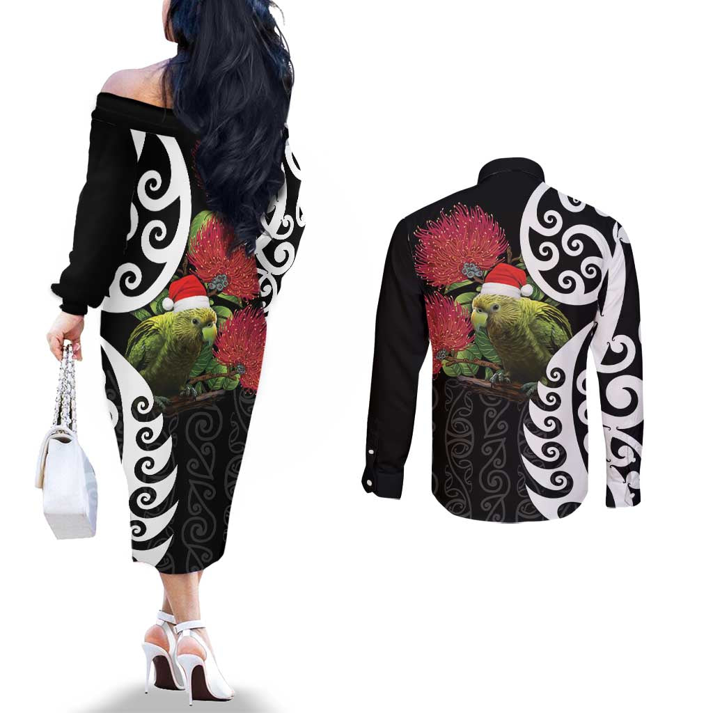 New Zealand Kakapo Christmas Couples Matching Off The Shoulder Long Sleeve Dress and Long Sleeve Button Shirt Meri Kirihimete Pohutukawa Flowers LT9 - Polynesian Pride